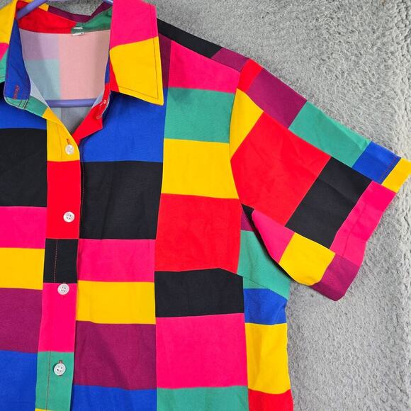 Funky Check Disco Style Button Front Shirt Women's Small Oversized Lightweight - Picture 2 of 7